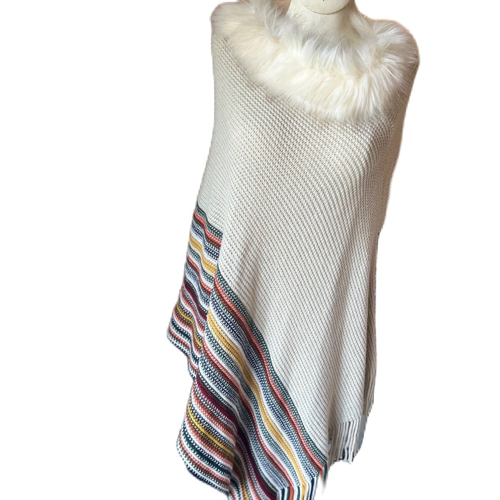 Faux Fur Trim Knit Poncho with Striped Detail - Picture 8 of 8